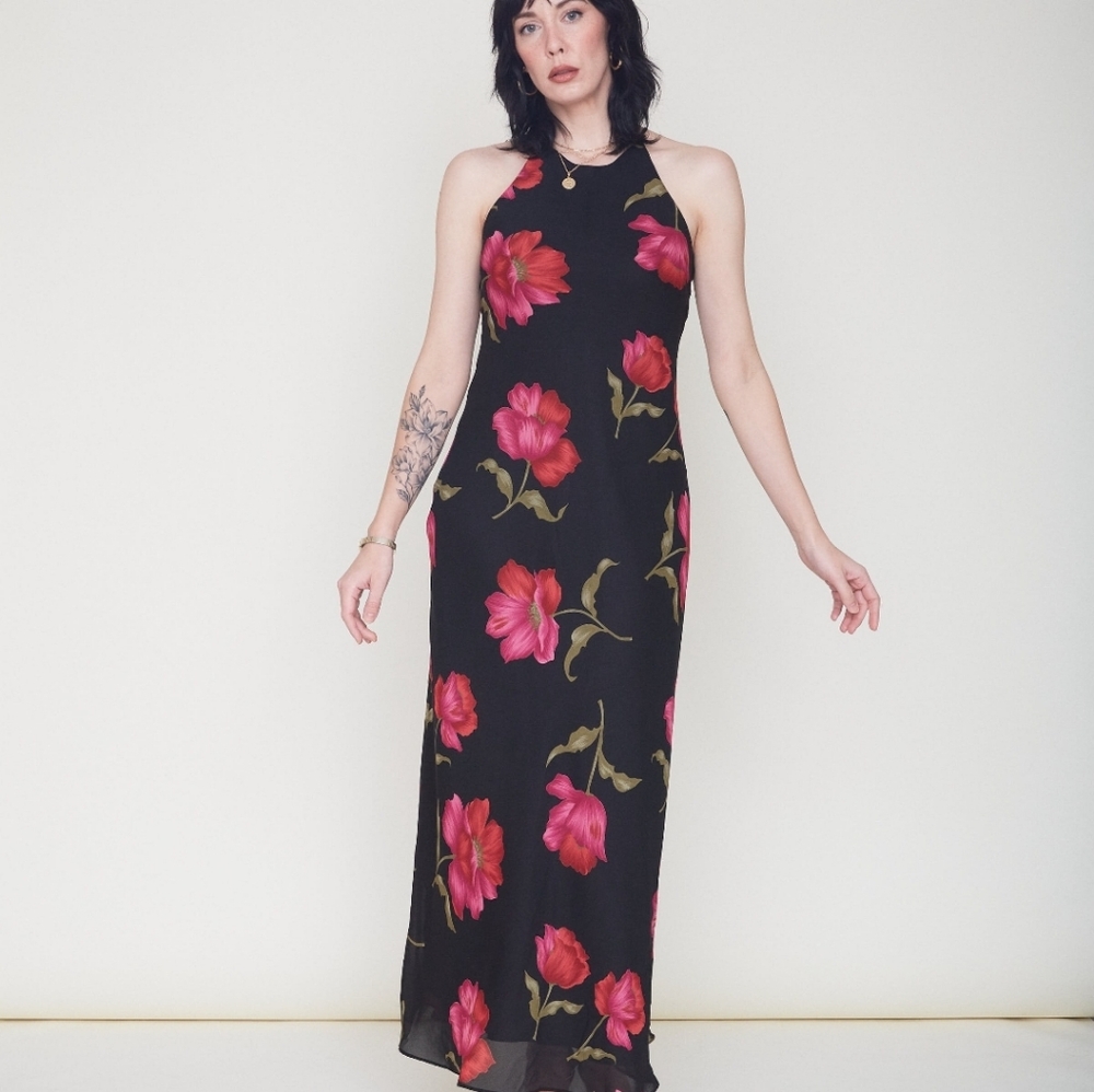 Vintage 90's Floral Noir Hampton Nites Maxi Gown Size 8